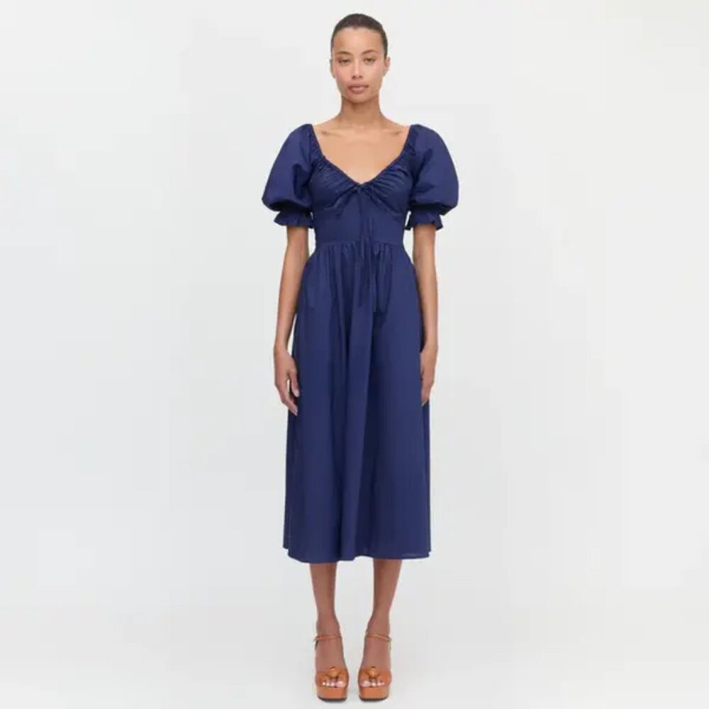 Hill House Navy Blue Midi Dress with Puff Sleeves